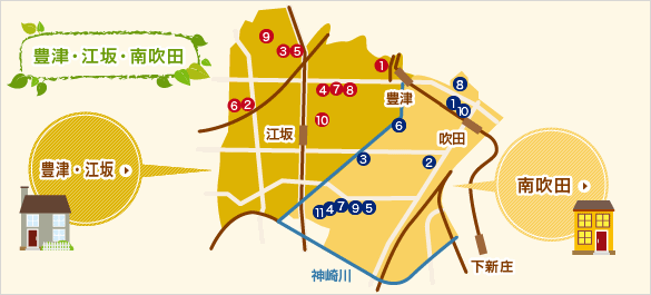地図：豊津・江坂・南吹田地域の施設一覧