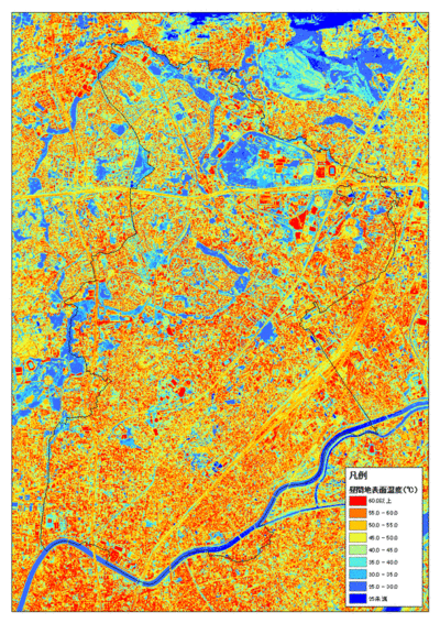地図：夏季昼間における吹田市の地表面温度の図