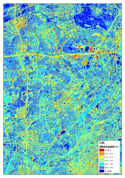 地図：夏季夜間における吹田市の地表面温度の図