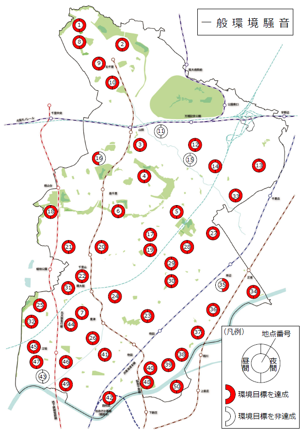 地図：一般地域環境騒音環境目標達成状況