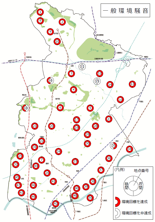 地図:一般地域環境騒音環境目標達成状況