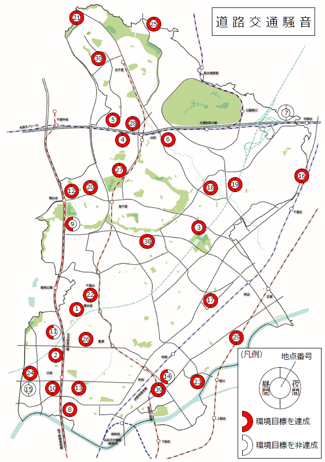 地図:道路交通騒音環境目標達成状況