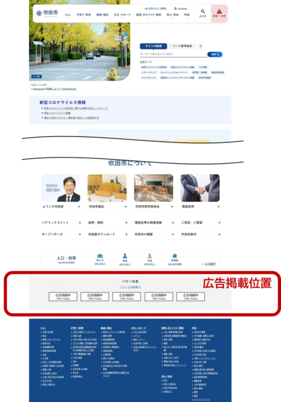 画面：吹田市ホームページトップ　広告掲載欄