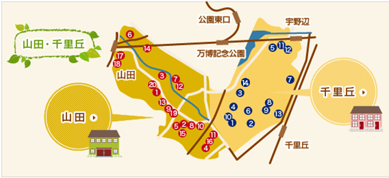 地図：山田・千里丘地域の施設一覧