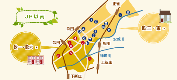 地図：JR以南地域の施設一覧