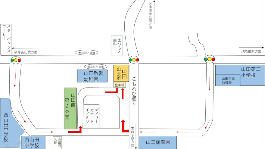 地図：山田出張所駐車場への道順