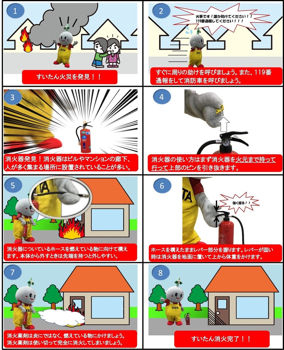 イラスト：初期消火、消火器の使い方手順