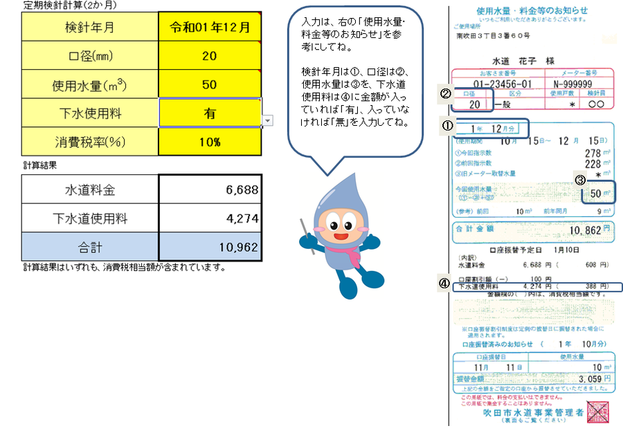 イラスト：料金計算シートの使い方（令和元年12月検針分以降用）