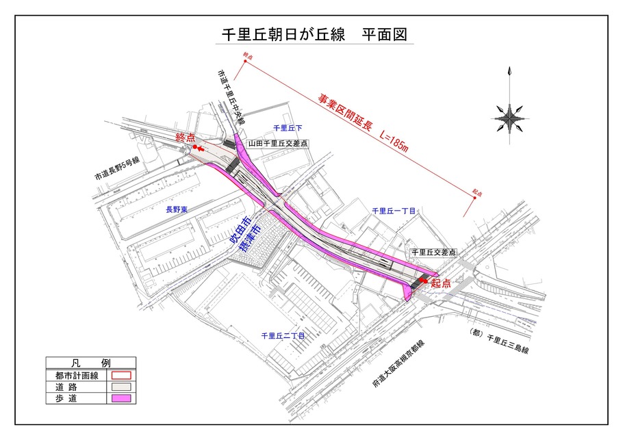 地図：千里丘朝日が丘線平面図