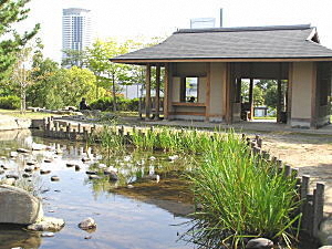 水生植物が生える修景池のそばに和風の休憩所があります。