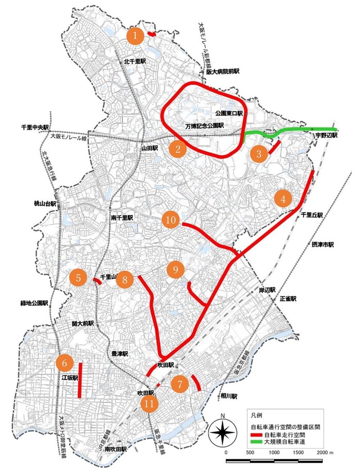 地図：吹田市内の自転車通行空間の整備済区間