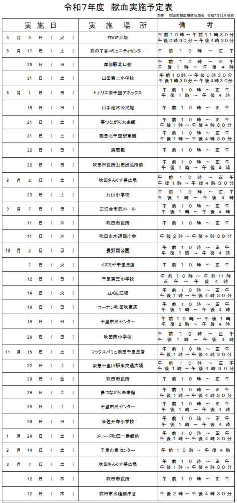 令和7年度　献血実施予定表