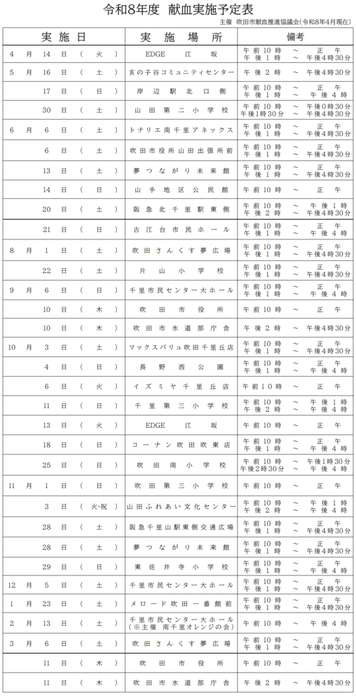 令和8年度　献血実施予定表
