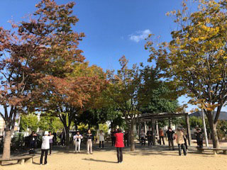 写真：佐井寺新池公園で体操をする様子