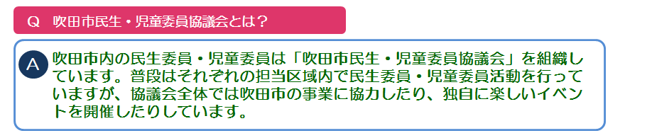 イラスト：質問「吹田市民生・児童委員協議会とは？」