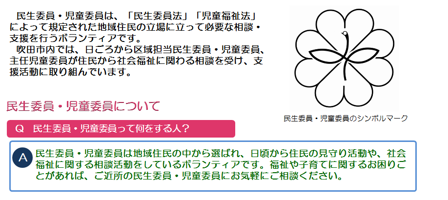 イラスト：シンボルマークと質問「民生委員・児童委員って何をする人？」