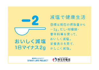 イラスト：減塩で健康生活（おいしく減塩。1日マイナス2g）