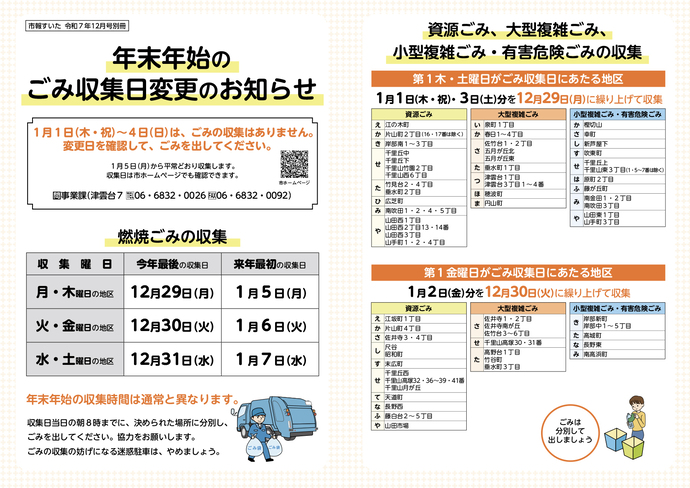 画像：市報すいた12月号別冊 ごみ収集日変更のページ