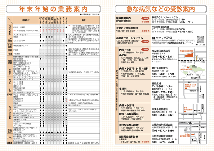 画像：市報すいた 年末年始の業務案内・急な病気などの受診案内のページ