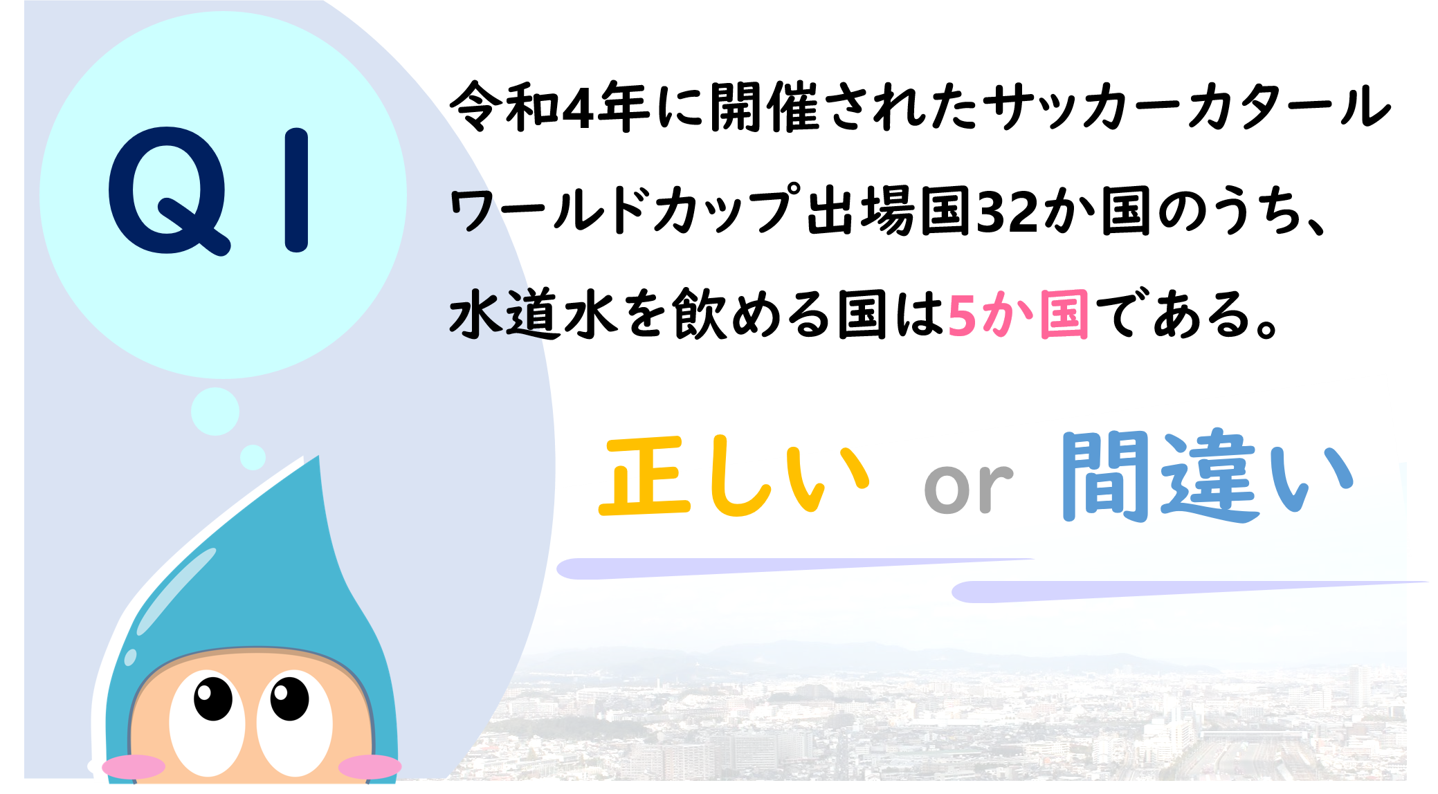 クイズ1：令和4年に開催されたサッカーカタールワールドカップ出場国32か国のうち、水道水を飲める国は5か国である。