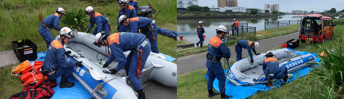 隊員が連携し、現場で素早くボートを組立てます。