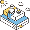 大きな本の上に男性が座っているイラスト