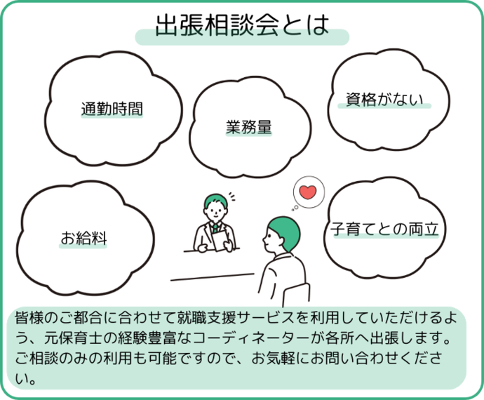 皆様のご都合に合わせて就職支援サービスを利用していただけるよう、元保育士の経験豊富なコーディネーターが各所へ出張します。ご相談のみの利用も可能ですので、お気軽にお問い合わせください。