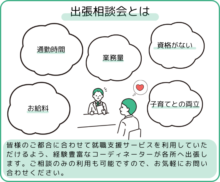 皆様のご都合に合わせて就職支援サービスを利用していただけるよう、元保育士の経験豊富なコーディネーターが各所へ出張します。ご相談のみの利用も可能ですので、お気軽にお問い合わせください。