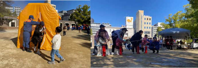 煙体験ハウスと消火器取り扱い訓練の様子