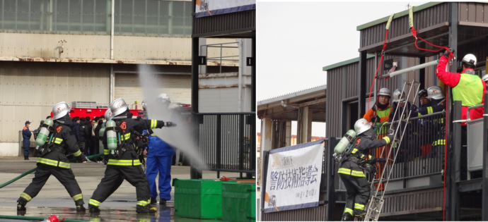 地上からの放水後、建物2階に屋内進入します。