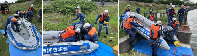 隊員が連携し、陸上で素早くボートを組立て、水上に搬送します。