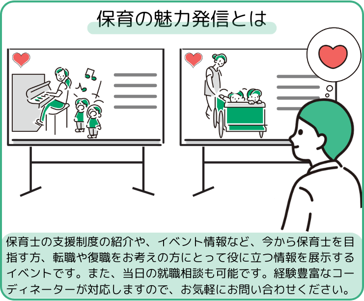 皆様のご都合に合わせて就職支援サービスを利用していただけるよう、元保育士の経験豊富なコーディネーターが各所へ出張します。ご相談のみの利用も可能ですので、お気軽にお問い合わせください。